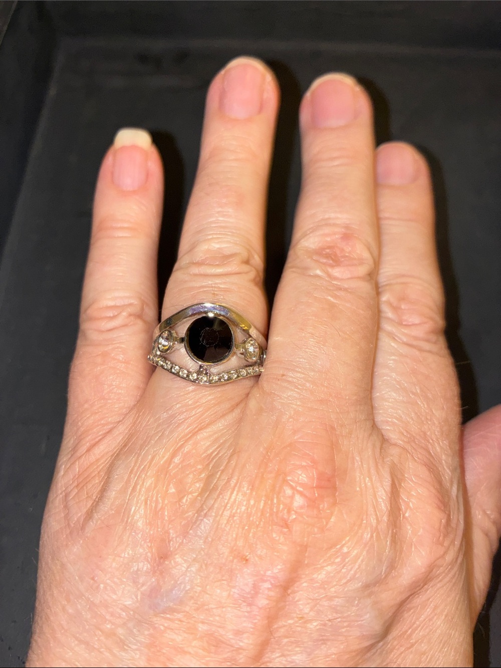 Silver Black Onyx Eye Stretch Ring with Crystal Accents
